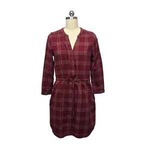 prAna Plaid Shirt Dress Burgundy Yellow Blue Drawstring‎ Waist Size S
